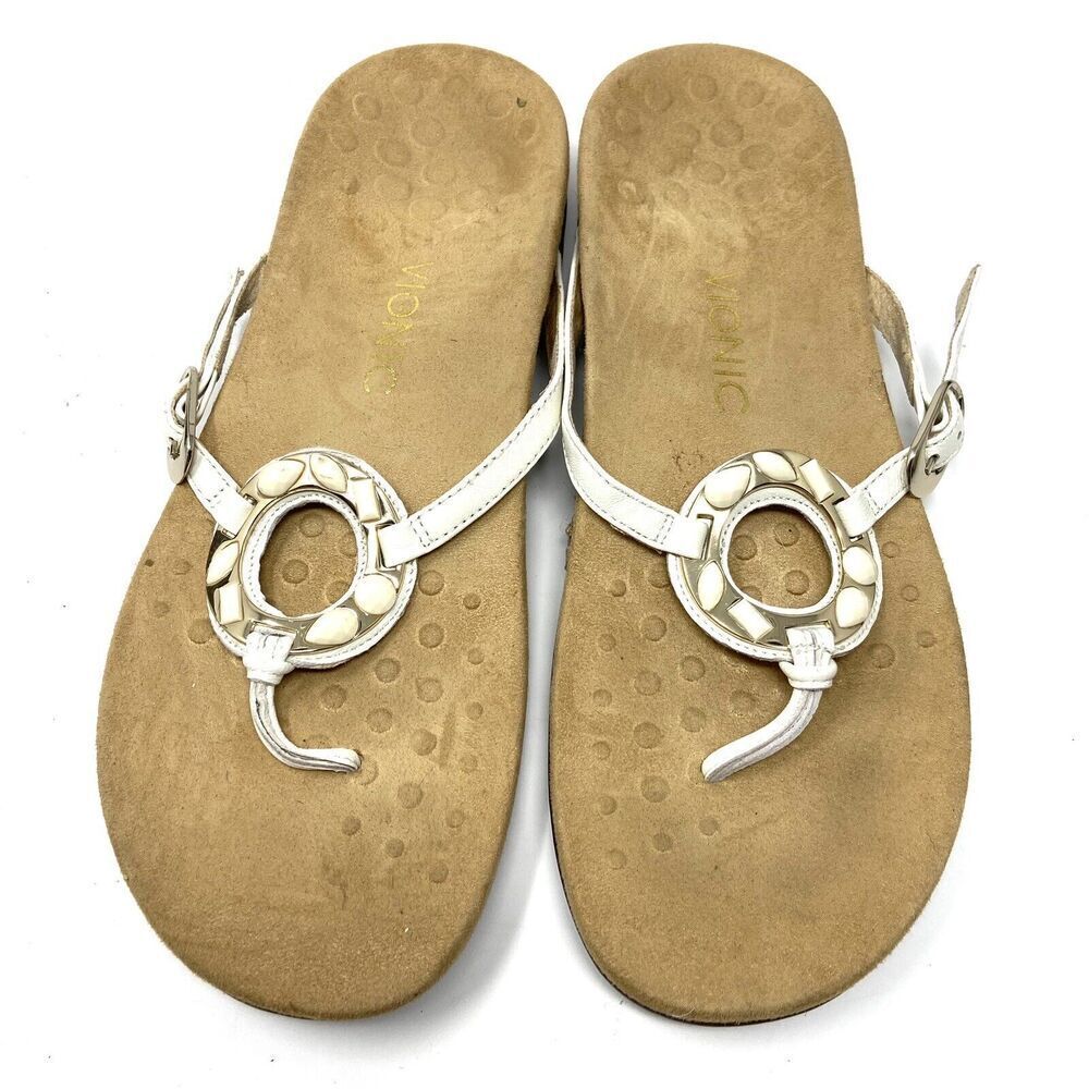 VIONIC White Leather Flip Flop Sandals Embellished Womens 9